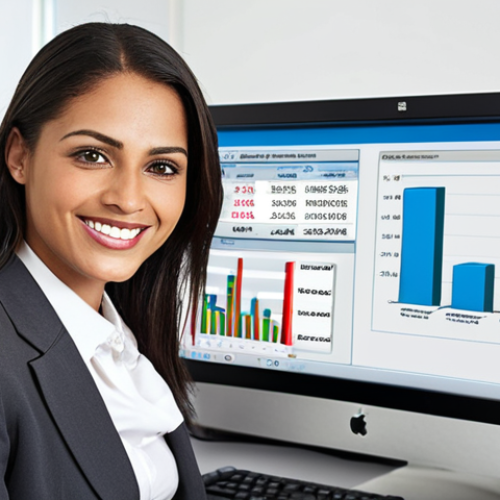**A modern accountant working at a computer, smiling confidently. Tally or SAP software is visible on the screen. The office is bright and professional.** (Focus: Career advancement through computerized accounting skills.)