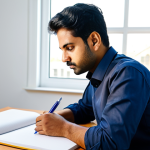 A focused Indian professional, approximately 30 years old, sitting at a clean, modern study desk. The subject is diligently reviewing an open textbook and making notes on a pad with a highlighter, with a hand gently resting on the page. A neatly drawn concept map or flowchart is visible on a separate notebook. The desk is organized with a closed laptop, pens, and a cup of coffee. The setting is a brightly lit, contemporary home office with natural light filtering through a window. The professional is wearing a modest, dark blue business casual shirt and appropriate trousers, conveying a sense of discipline and intellectual pursuit. The atmosphere is calm and conducive to learning. High-quality professional photography, natural pose, perfect anatomy, correct proportions, well-formed hands, proper finger count, natural body proportions, fully clothed, modest clothing, appropriate attire, professional dress, safe for work, appropriate content, professional.