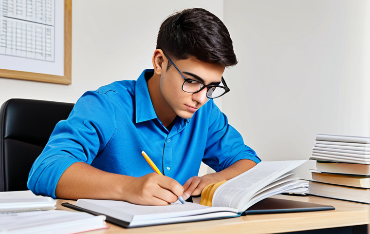 전산세무회계 독학으로 합격하기 - **
A focused student, fully clothed in casual attire, studying at a desk filled with textbooks and ...