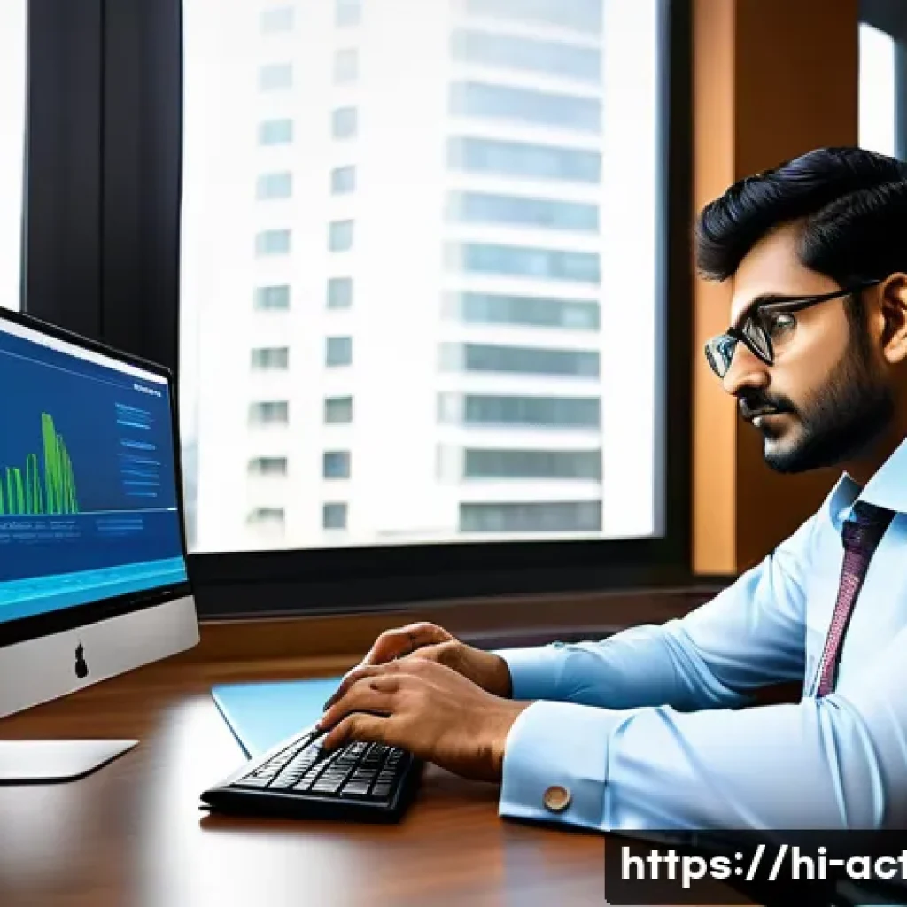 전산세무회계 이직 준비 단계 - A professional Indian accountant working diligently in a modern office environment, using advanced a...