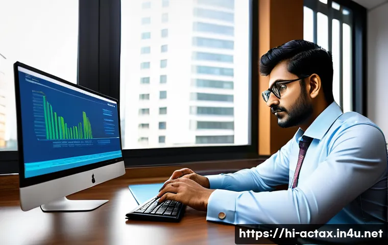 전산세무회계 이직 준비 단계 - A professional Indian accountant working diligently in a modern office environment, using advanced a...