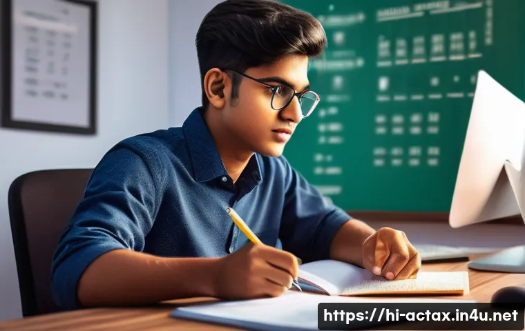 전산세무회계 자격증 시험 일정 - A detailed and vibrant digital illustration of a young Indian student sitting at a study desk in a c...
