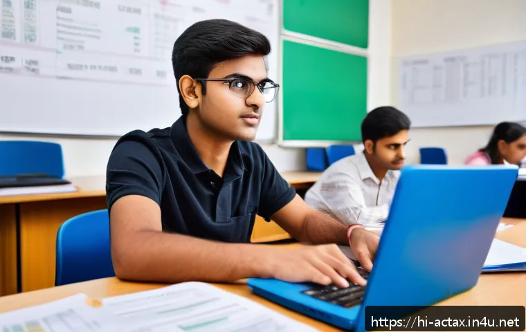 전산세무회계 초보자 추천 스터디 방법 - A detailed and vibrant classroom scene focused on a young Indian adult student studying taxation and...