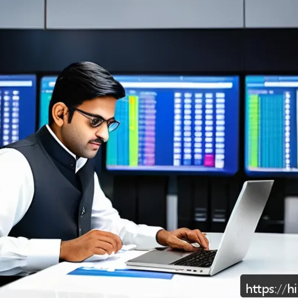 전산세무회계와 세법 공부의 차이 - A modern Indian office scene showing a professional using tax accounting software on a sleek laptop,...