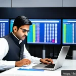 전산세무회계와 세법 공부의 차이 - A modern Indian office scene showing a professional using tax accounting software on a sleek laptop,...