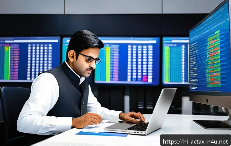 전산세무회계와 세법 공부의 차이 - A modern Indian office scene showing a professional using tax accounting software on a sleek laptop,...