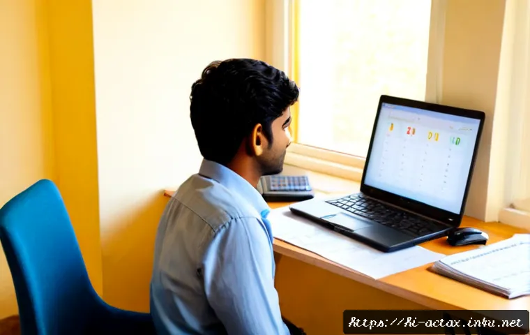 전산세무회계 시험 후 진로 탐색 - Photorealistic Indian young adult seated at a clean home-office desk after a computerized accounting...